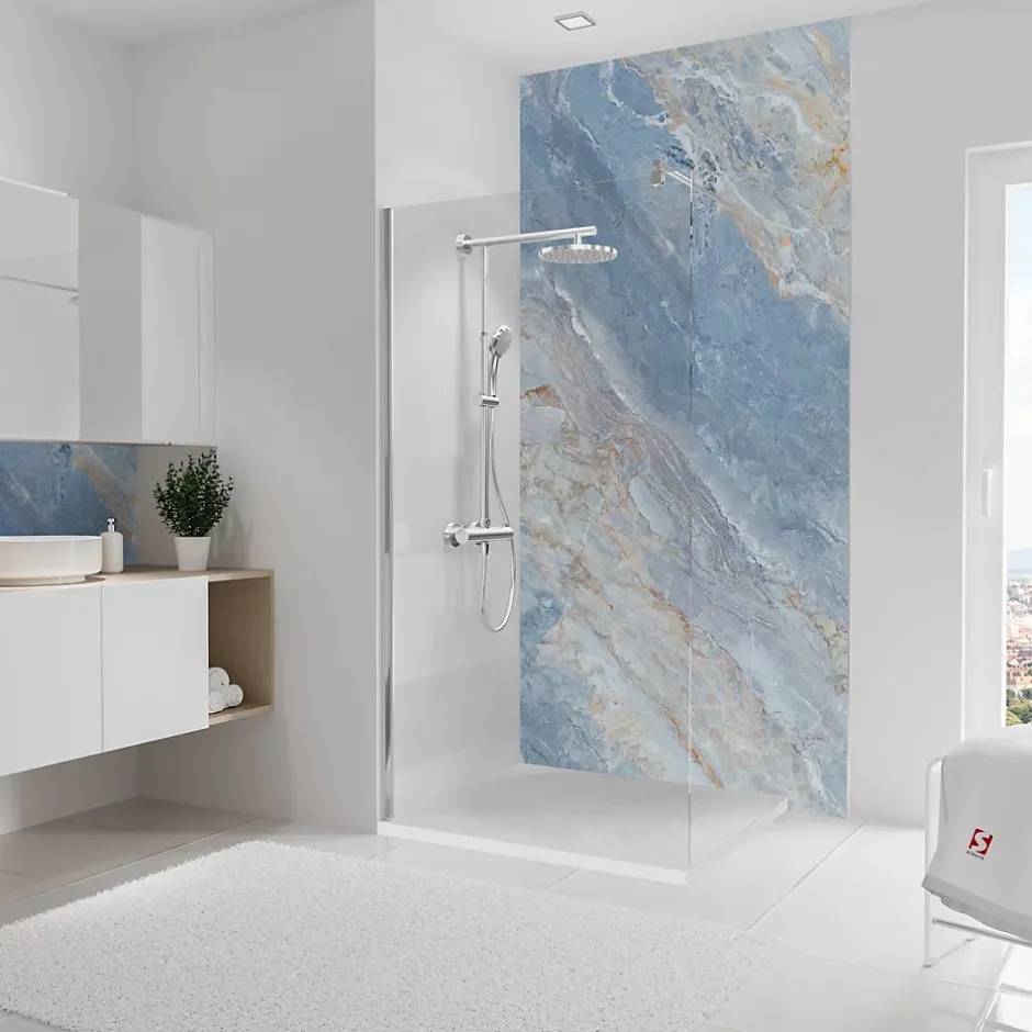 Schulte Pack de 2 panneaux muraux de salle de bains l.100 x H.255 cm, effet marbre bleu, DécoDesign Softtouch