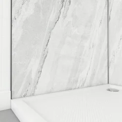 Pack de 2 panneaux muraux de salle de bains, blanc effet marbre avec profilés noirs, l.90+90 x H.210 x P.0,3 cm, Homestone-Galedo Hot