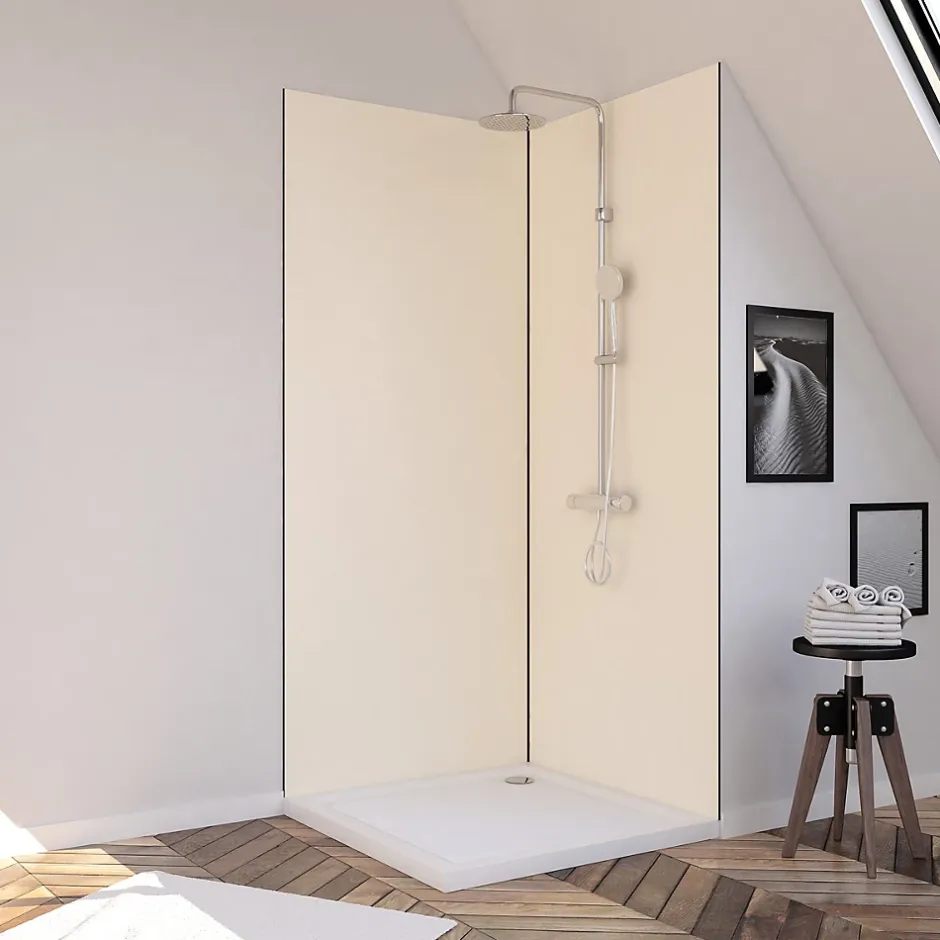 Galedo Pack de 2 panneaux muraux de salle de bains, ivoire avec profilés noirs, l.90+90 x H.210 x P.0,3 cm, Alucolors