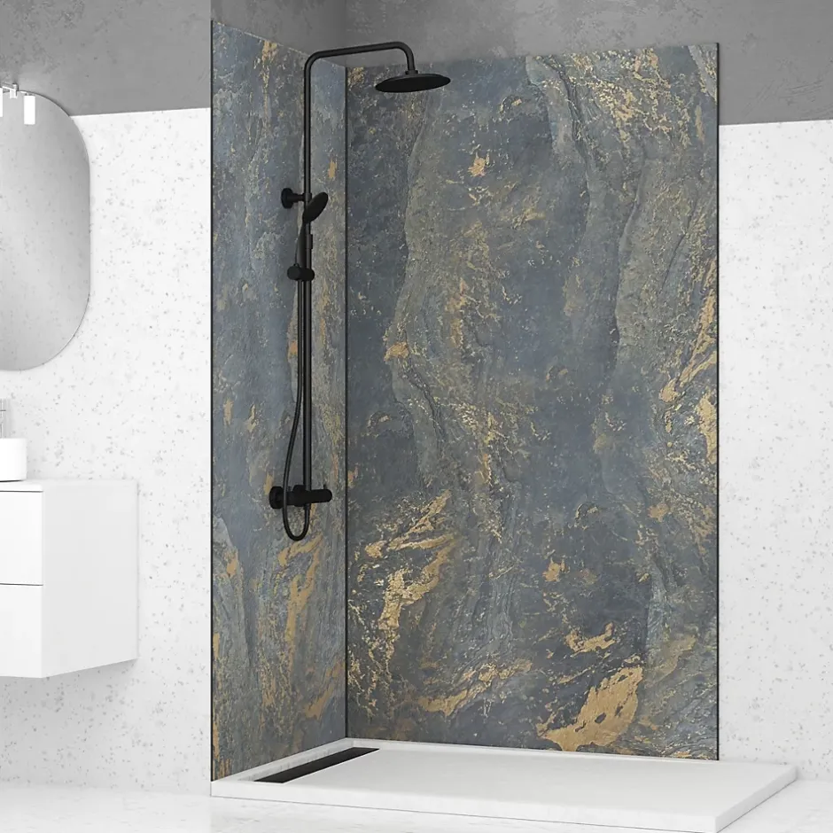 Galedo Pack de 2 panneaux muraux de salle de bains, gris et doré effet marbre avec profilés noirs, l.120+90 x H.210 x P.0,3 cm, Homestone