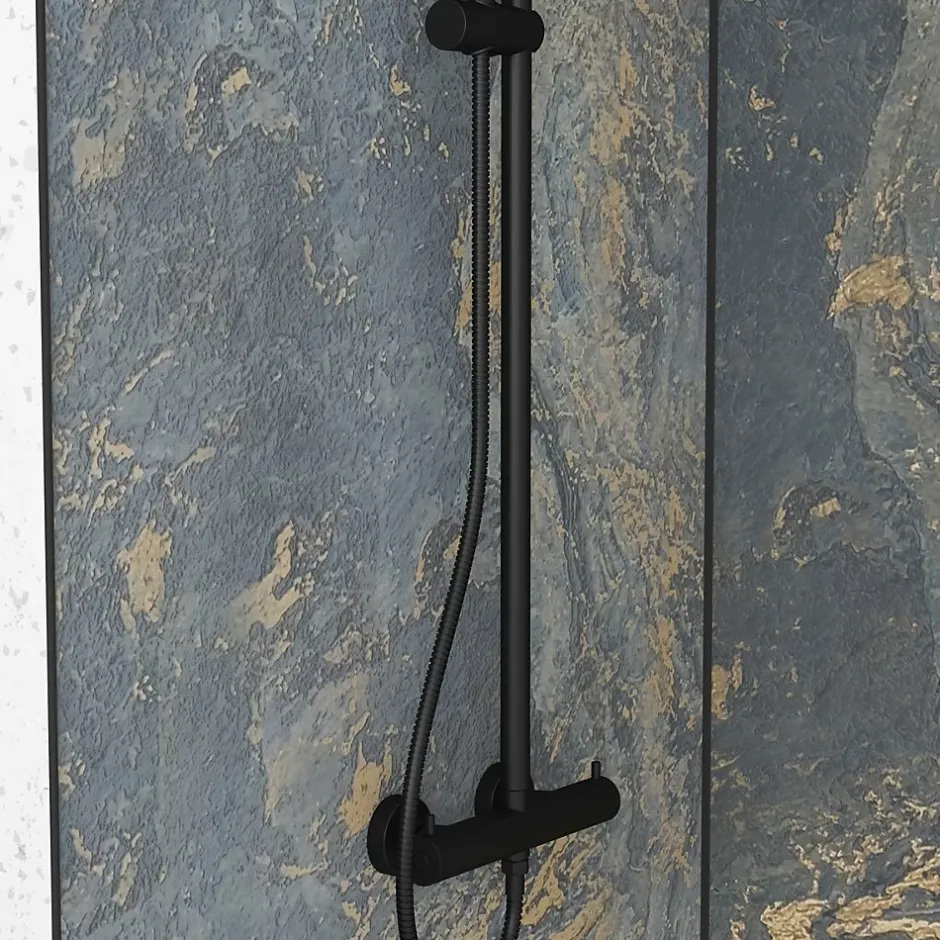 Galedo Pack de 2 panneaux muraux de salle de bains, gris et doré effet marbre avec profilés noirs, l.120+90 x H.210 x P.0,3 cm, Homestone