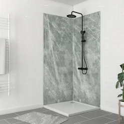 Pack de 2 panneaux muraux de salle de bains, vert effet pierre avec profilés chromés, l.90+90 x H.210 x P.0,3 cm, Homestone-Galedo