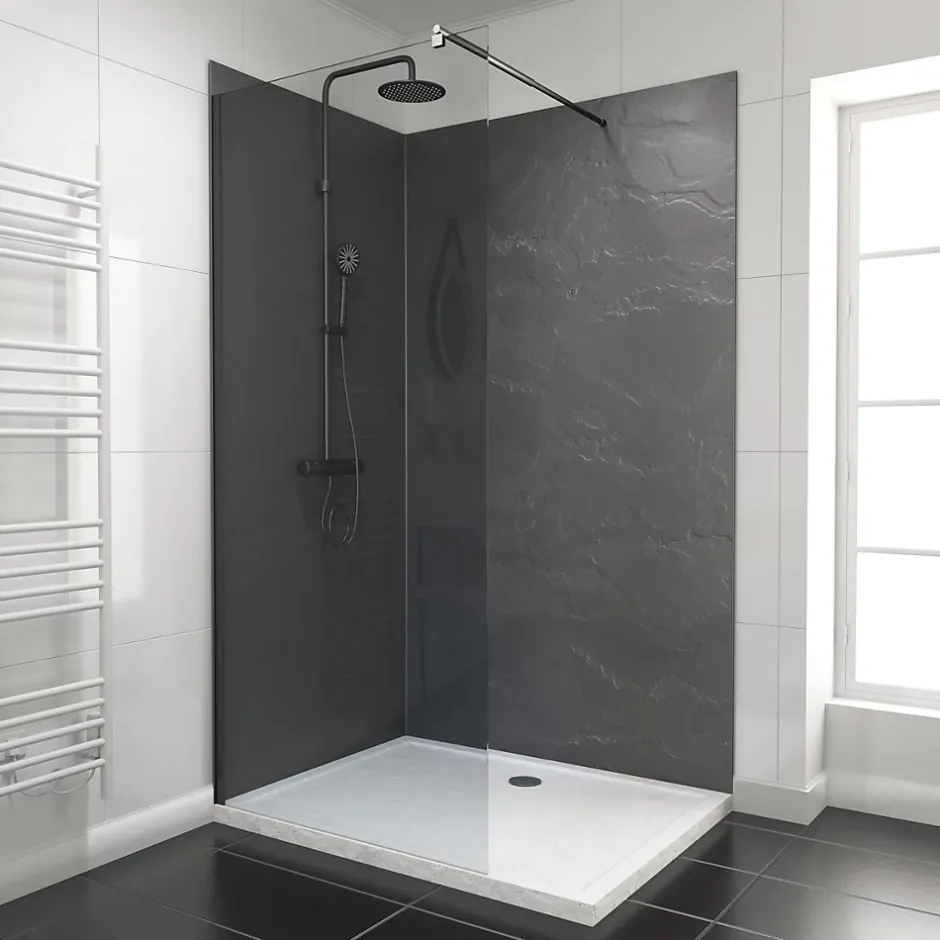 Galedo Pack de 2 panneaux muraux de salle de bains, gris foncé effet ardoise avec profilés noirs, l.120+90 x H.210 x P.0,3 cm, Homestone