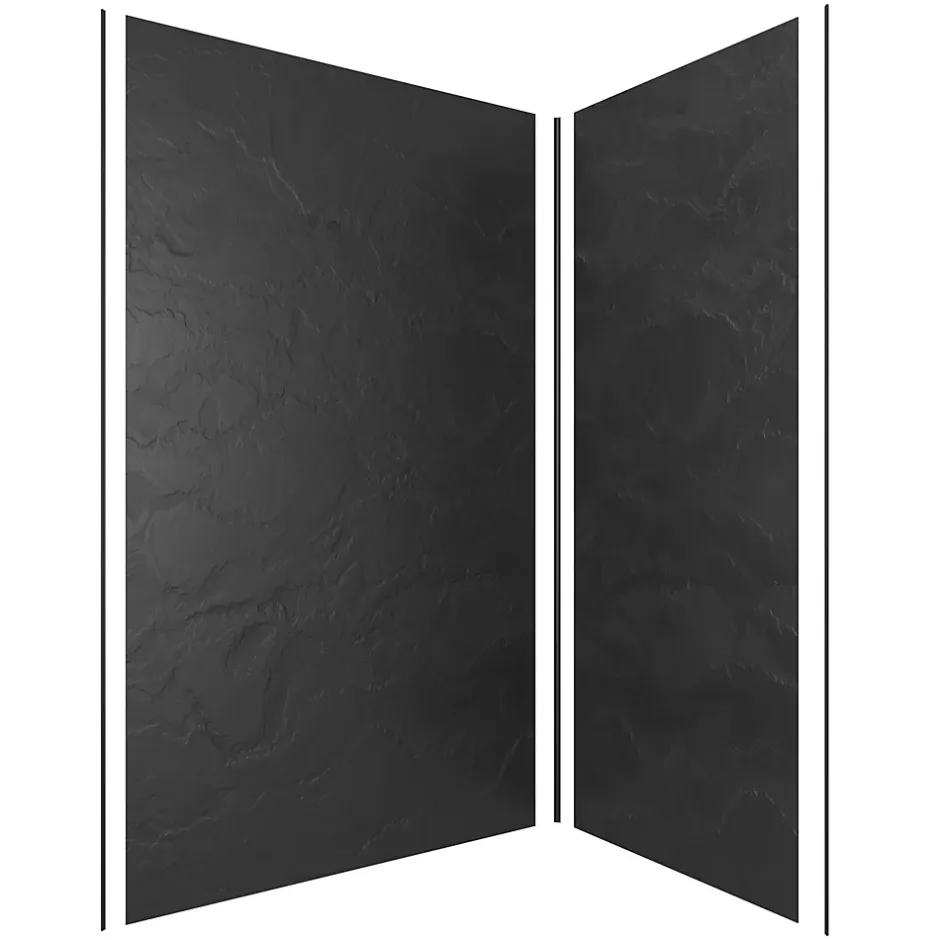 Galedo Pack de 2 panneaux muraux de salle de bains, gris foncé effet ardoise avec profilés noirs, l.120+90 x H.210 x P.0,3 cm, Homestone