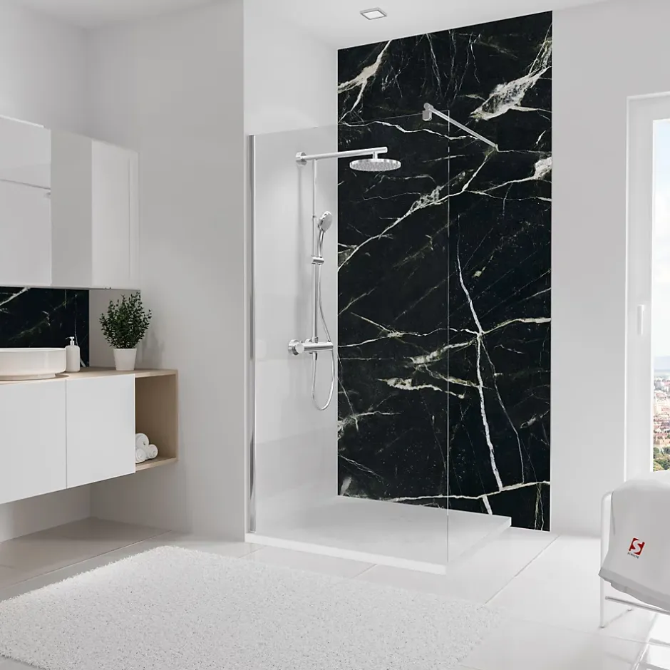 Pack de 2 panneaux muraux de salle de bains l.100 x H.255 cm, effet marbre noir et vert, DécoDesign Softtouch-Schulte Hot