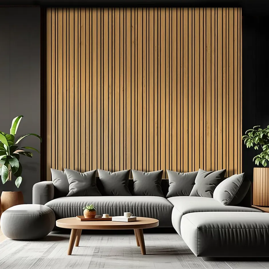 Foge Panneau Boa en MDF fond noir, tasseaux décor chêne Saragosse L. 280 x l 60 cm, ép. 2,1 cm