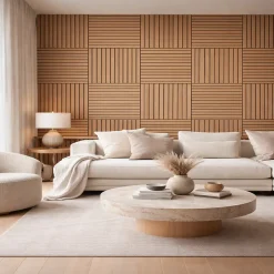 Panneau décoratif à lattes de bois, lattes en MDF et feutre PET, lot de 12 pièces, 60x60 cm, revêtement mural insonorisant, chêne.-Divina Home Online