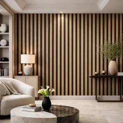 Panneau décoratif à lattes de bois, lattes en MDF et feutre PET, lot de 12 pièces, 60x60 cm, revêtement mural insonorisant, chêne.-Divina Home Online