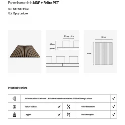 Panneau décoratif à lattes de bois, lattes en MDF et feutre PET, lot de 12 pièces, 60x60 cm, revêtement mural insonorisant, chêne.-Divina Home Online