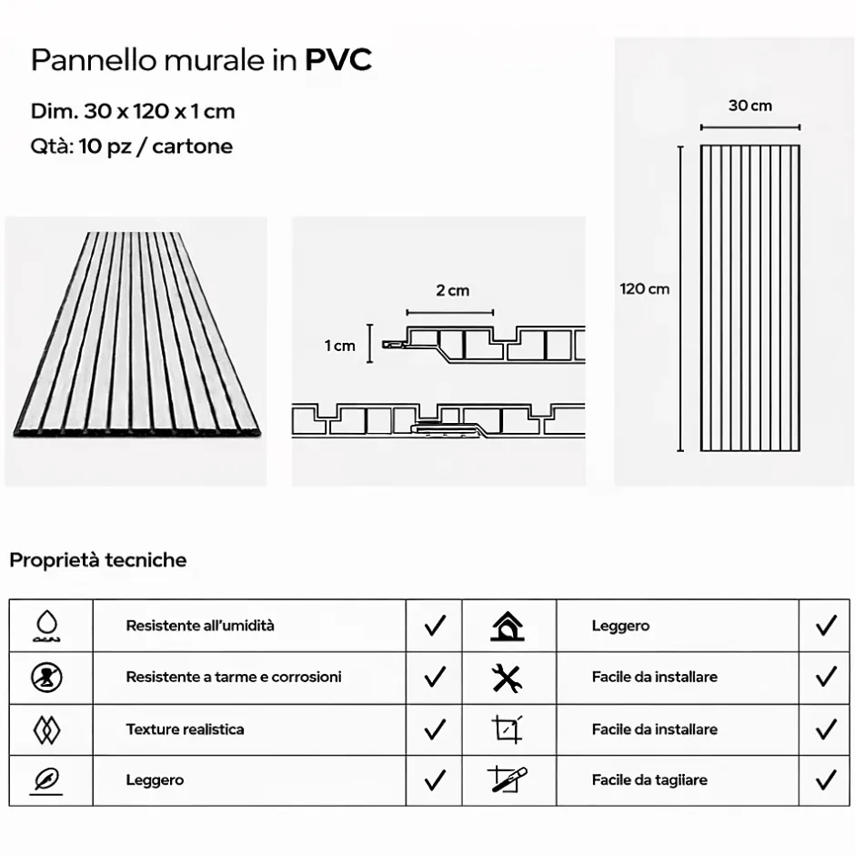 Panneau décoratif en PVC imitation lattes de bois, lot de 10 pièces, 120x30 cm, revêtement mural noyer clair-Divina Home Outlet
