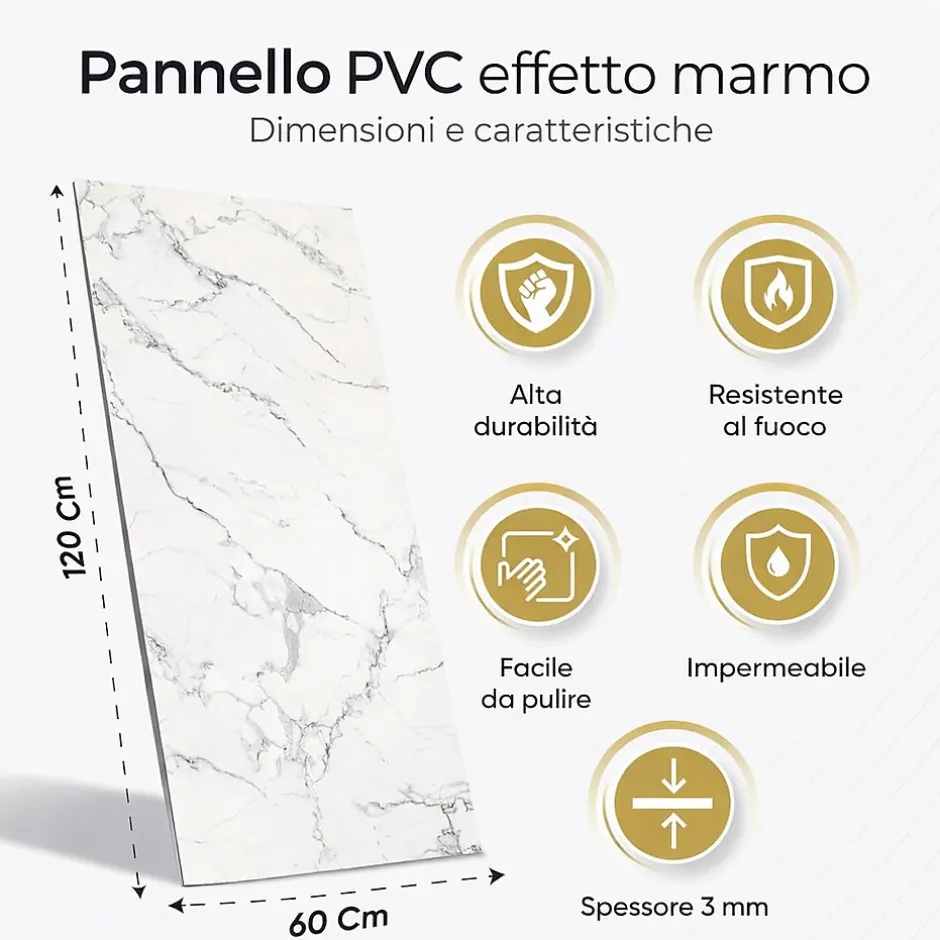 Divina Home Panneau décoratif grès cérame effet marbre, lot de 6, PVC 4,3m², finition UV, 120x60 cm, blanc