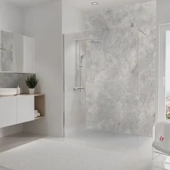 Panneau mural de salle de bains l.150 x H.255 cm, effet pierre gris et argenté , DécoDesign Softtouch-Schulte Best