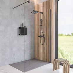 Panneau mural de salle de bains l.150 x H.255 cm, effet tasseaux bois chêne vertical, DécoDesign Japandi-Schulte Clearance