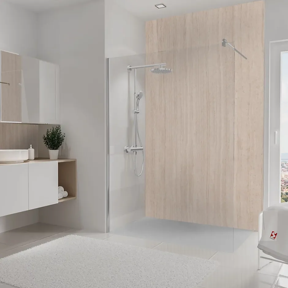 Panneau mural de salle de bains l.150 x H.255 cm, effet travertin romain , DécoDesign Décor-Schulte Clearance