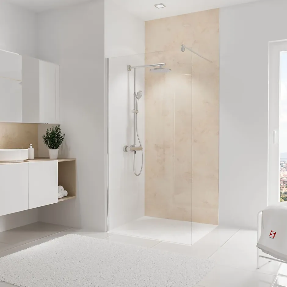 Panneau mural de salle de bains l.100 x H.255 cm, effet pierre beige, DecoDesign-Schulte Outlet