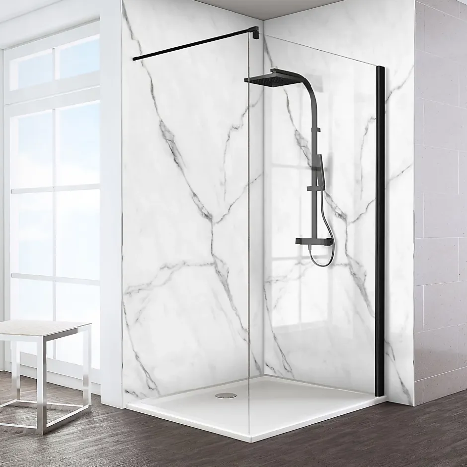 Panneau mural de salle de bains l.100 x H.210 cm, effet marbre de Carrare blanc brillant, Décodesign Brio-Schulte Online