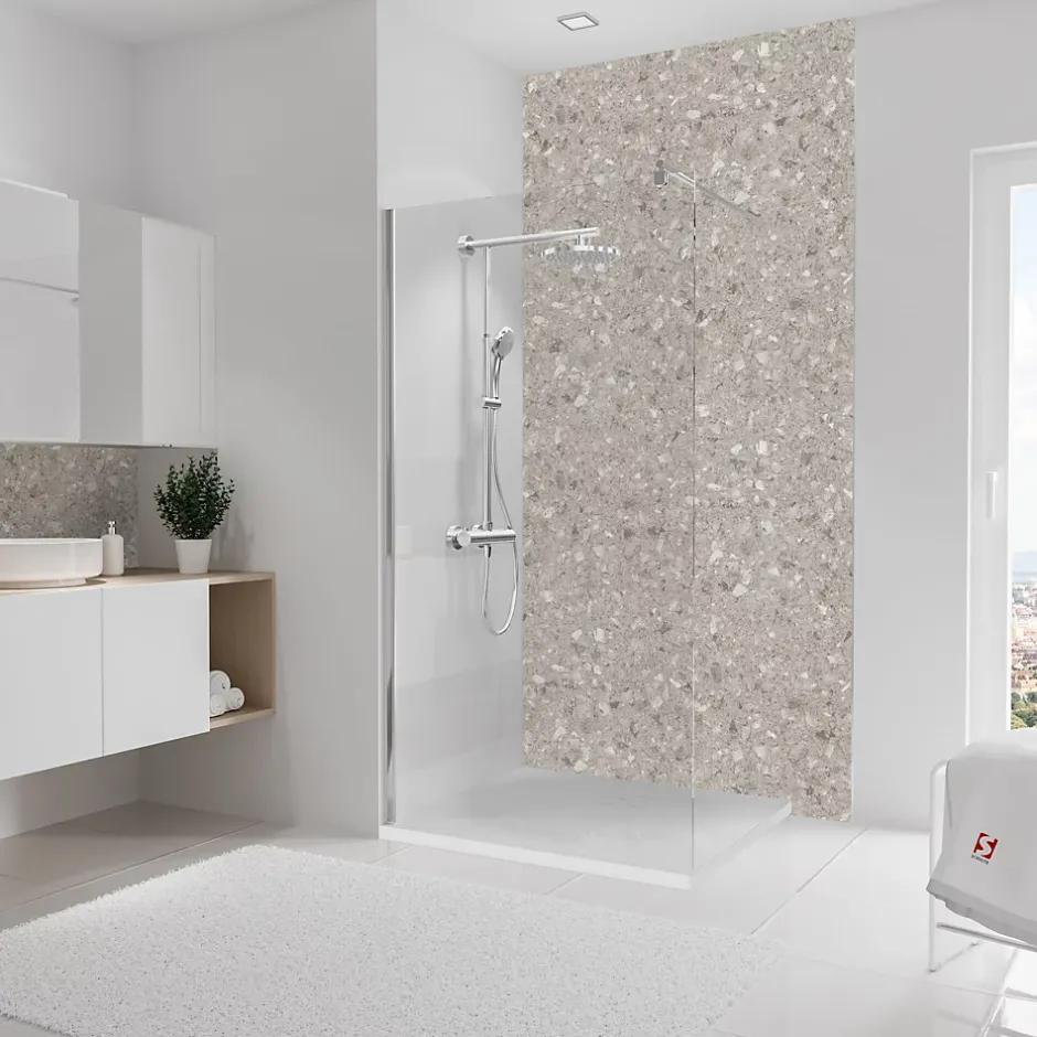 Panneau mural de salle de bains l.100 x H.210 cm, effet terrazzo greige, DécoDesign décor-Schulte Sale