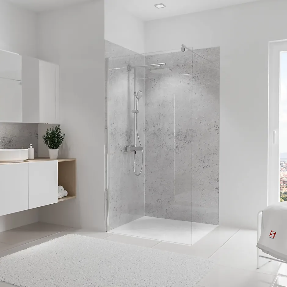 Panneau mural de salle de bains l.100 x H.210 cm, pierre gris clair brillant, Décodesign Brio vendu par 2-Schulte