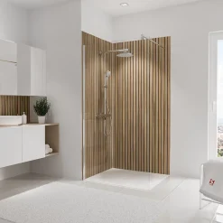 Panneau mural de salle de bains l.100 x H.210 cm, effet tasseaux bois chêne vertical, Décodesign Japandi vendu par 2-Schulte Discount