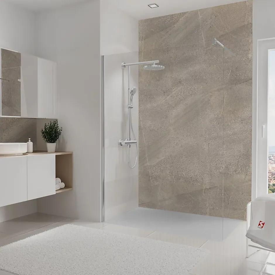 Schulte Panneau mural de salle de bains l.100 x H.210 cm, effet pierre taupe sablée, DécoDesign décor