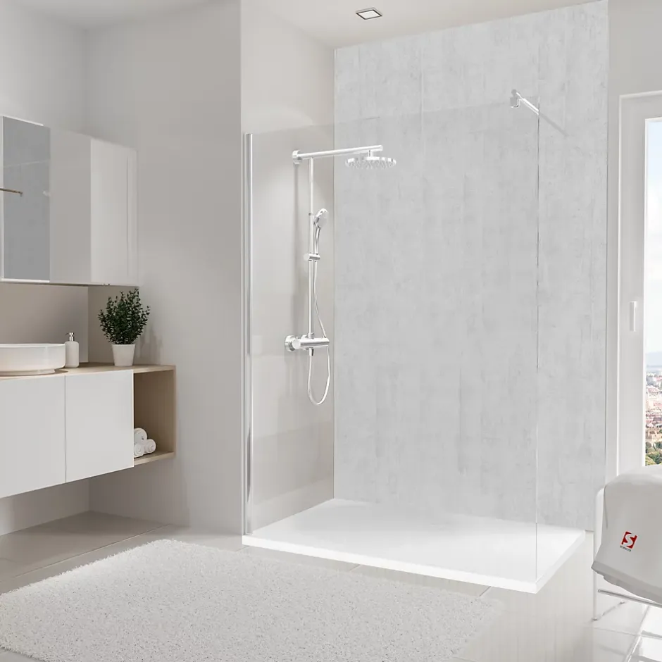 Panneau mural de salle de bains l.150 x H.255 cm, effet parement béton gris clair, DécoDesign-Schulte Discount