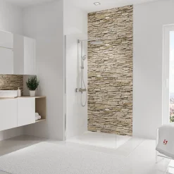 Panneau mural de salle de bains l.100 x H.255 cm, effet parement pierre beige, DécoDesign-Schulte Hot