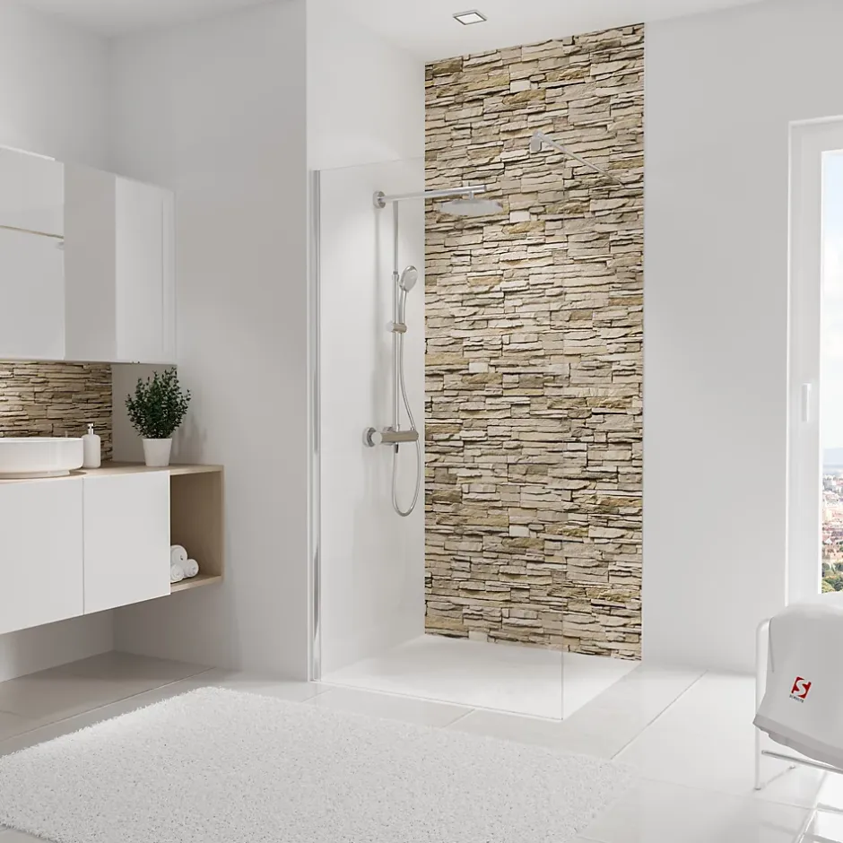 Panneau mural de salle de bains l.100 x H.255 cm, effet parement pierre beige, DécoDesign-Schulte Hot