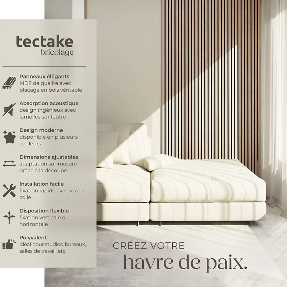 Panneaux acoustiques modernes aspect bois en MDF 120 x 60 x 2,1 cm-Tectake