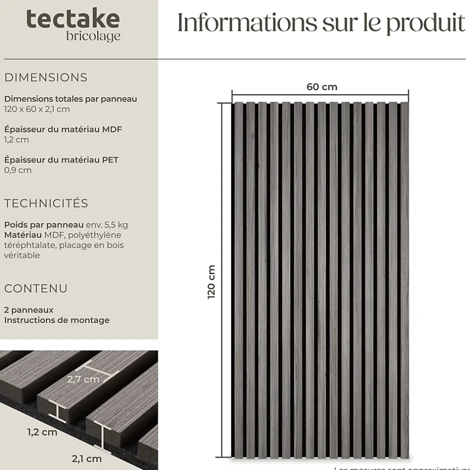 Panneaux acoustiques modernes aspect bois en MDF 120 x 60 x 2,1 cm-Tectake Hot