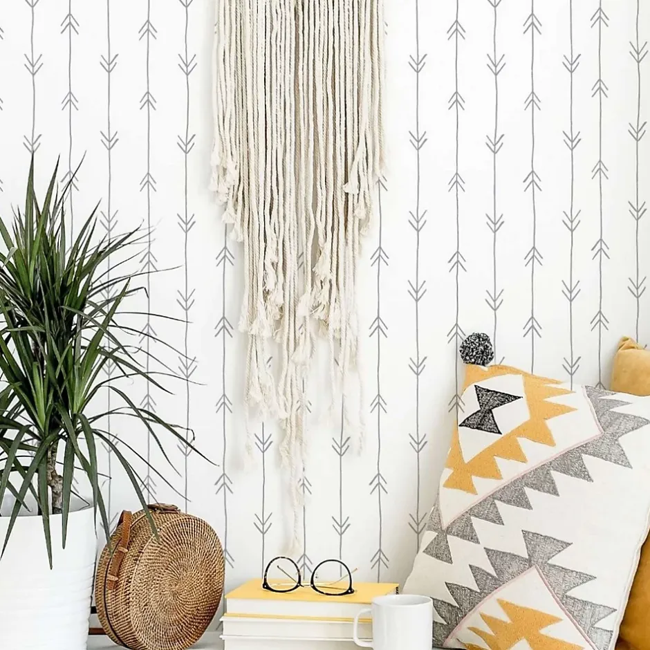 Decochic Papier peint adhésif boheme flèches gris et blanc en vinyle lavable et amovible - 1 rouleau 50x300 cm -