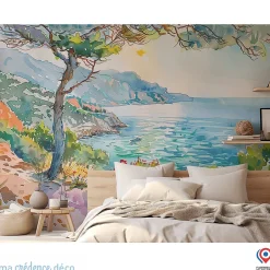 Papier peint Callanque de Cassis, Aquarelle 2 - Intissé - 400 cm - 280 cm - MaCrédenceDéco-Ma Crédence Déco Best