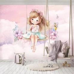 Papier Peint Enfant Ballerine Nuages Rose Intissé Panoramique 350x250 cm - Colle Inclus - Chambre Enfant - Moderne Papier Peint-Wallarena Clearance