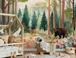 Papier Peint Enfant Forêt Arbres Animaux Intissé Panoramique 350x250 cm - Colle Inclus - Chambre Enfant - Moderne Papier Peint-Wallarena Best