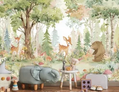 Papier Peint Enfant Forêt Animaux Intissé Panoramique 400x280 cm - Colle Inclus - Chambre Enfant - Moderne Papier Peint-Wallarena New