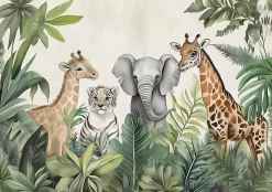 Papier Peint Enfant Intissé Panoramique Pour Enfant Chhambre Jungle Animaux 250x175-Wallarena