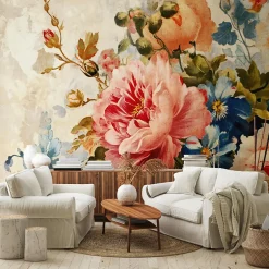 Papier Peint Fleurs Pivoines Béton Intissé Panoramique 350x250 cm - Colle Inclus - Chambre et Salon - Moderne Papier Peint-Wallarena Clearance