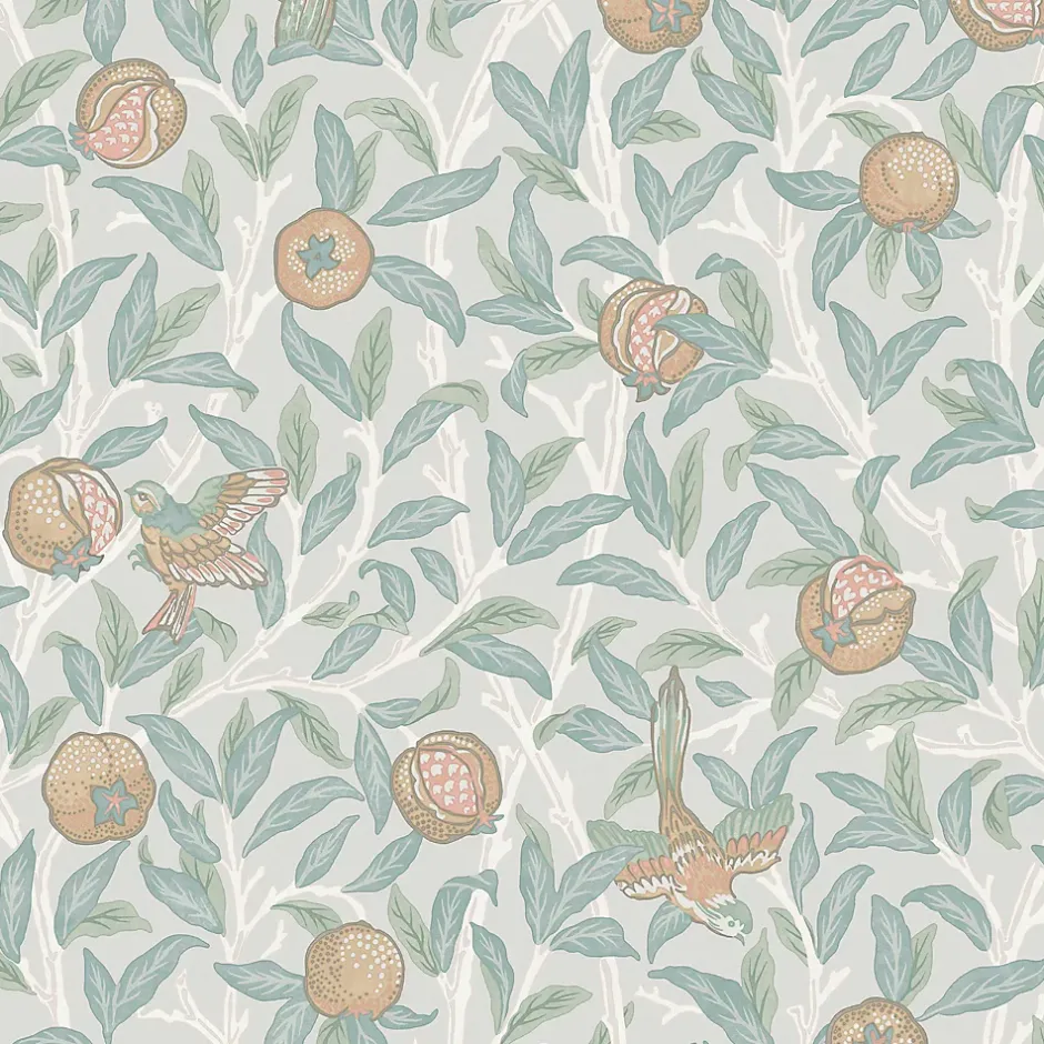 Papier peint intissé Bird & pomegranate duck egg imprimé fleurs vert L.1000 x l.52cm-William Morris