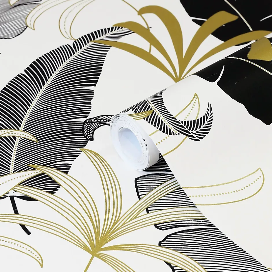 GoodHome Papier peint intissé Selago noir or et blanc