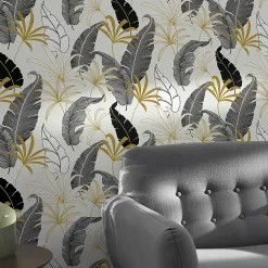 GoodHome Papier peint intissé Selago noir or et blanc