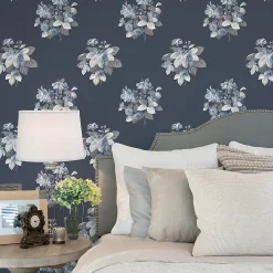 Papier peint intissé Jardin Secret mat et satiné fleurs bleu, bleu nuit l.1000 x l.53 cm-Lutece New