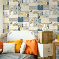 Lutèce Papier peint intissé Les aventures surf jaune et gris L.1005 x l.53cm