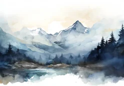 Wallarena Papier Peint Intissé Panoramique Montagnes Aquarelle 300x210 cm - Colle Inclus - Chambre et Salon - Bleu Blanc