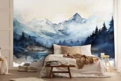 Wallarena Papier Peint Intissé Panoramique Montagnes Aquarelle 300x210 cm - Colle Inclus - Chambre et Salon - Bleu Blanc