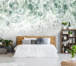 Papier Peint Intissé Panoramique Feuilles Vert 350x250 cm - Colle Inclus - Colle Inclus - Chambre et Salon - Vert Blanc Nature-Wallarena Outlet