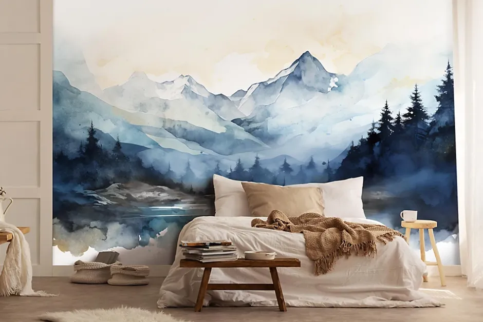 Papier Peint Intissé Panoramique Montagnes Aquarelle 350x250 cm - Colle Inclus - Chambre et Salon - Bleu Blanc-Wallarena