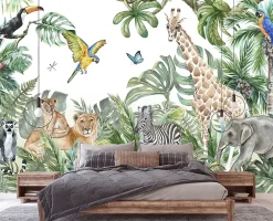 Wallarena Papier Peint Intissé Panoramique Enfants Jungle Animaux 368x254 cm - Colle Inclus - Chambre et Salon - Moderne Trompe l'oeil