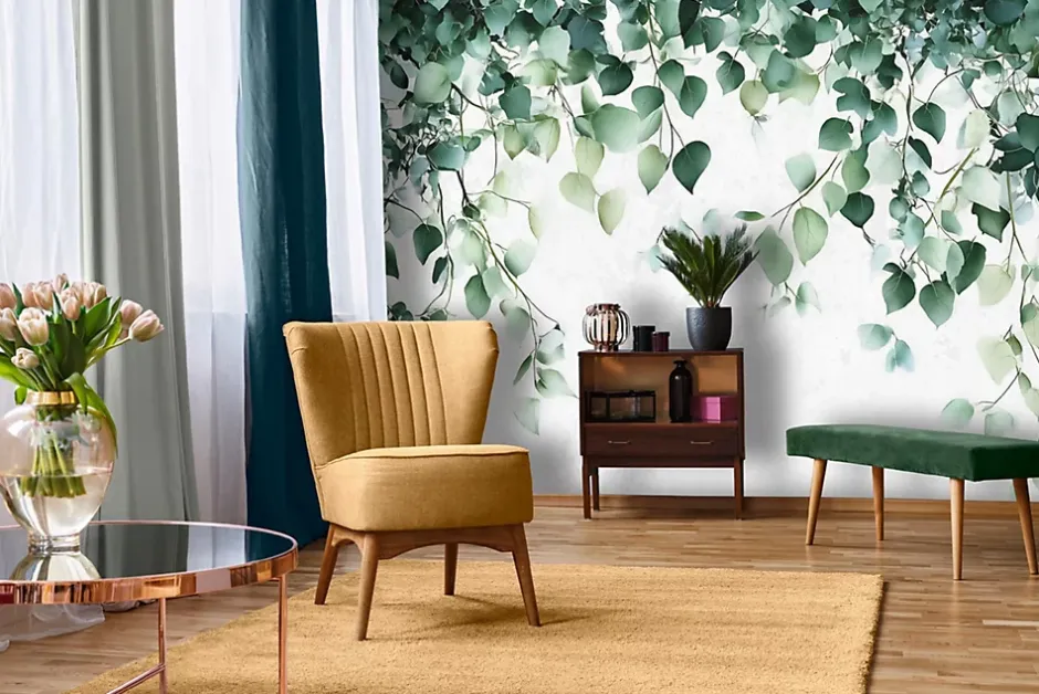 Wallarena Papier Peint Intissé Panoramique Feuilles Vert Nature 300x210 cm - Colle Inclus - Chambre et Salon - Moderne Papier Peint