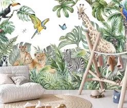 Wallarena Papier Peint Intissé Panoramique Enfants Jungle Animaux 400x280 cm - Colle Inclus - Papier Peint Chambre Enfant Vert Blanc