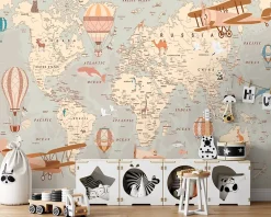 Wallarena Papier Peint Intissé Panoramique Enfant Carte du monde 400x280 cm - Colle Inclus - Papier Peint Enfant Beige
