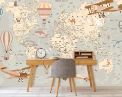 Wallarena Papier Peint Intissé Panoramique Enfant Carte du monde 400x280 cm - Colle Inclus - Papier Peint Enfant Beige